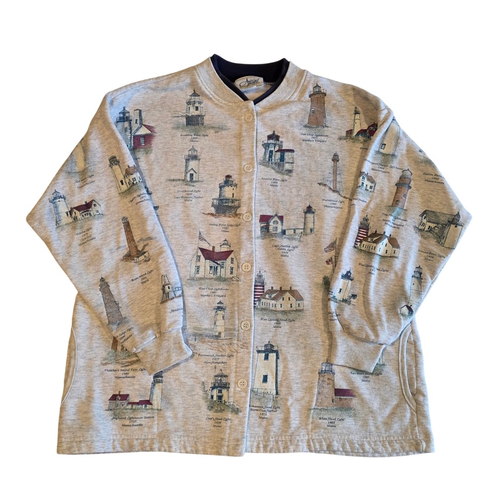 Vintage 90s Artisans Lighthouse Print Fleece Cardigan Jacket Gray Grandmacore L
